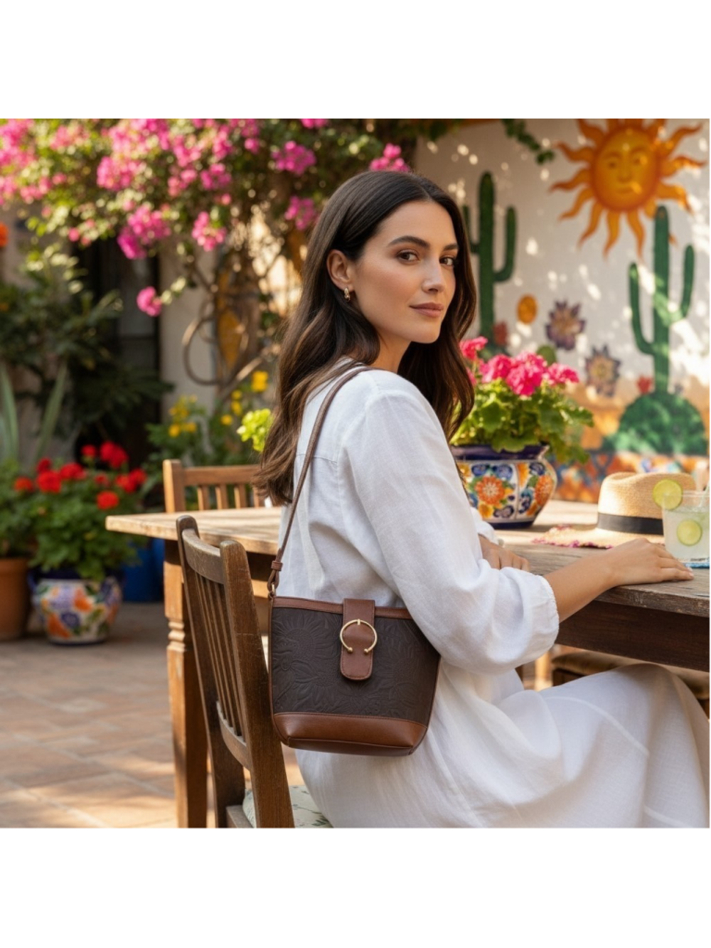 Buckle Dark Brown Floral Embossed Tooled Artisan LEATHER Shoulder Bucket Bag - Picture 2 of 16